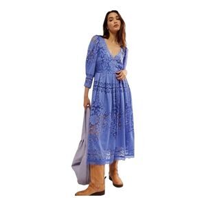 Free People Dress Womens Small Blue Persian Jewel Lace Midi Fit & Flare Boho